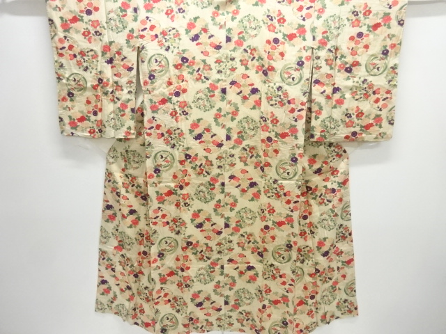JAPANESE KIMONO / ANTIQUE MON KINSHA FLOWER CIRCLE PATTERN HITOEJUBAN
